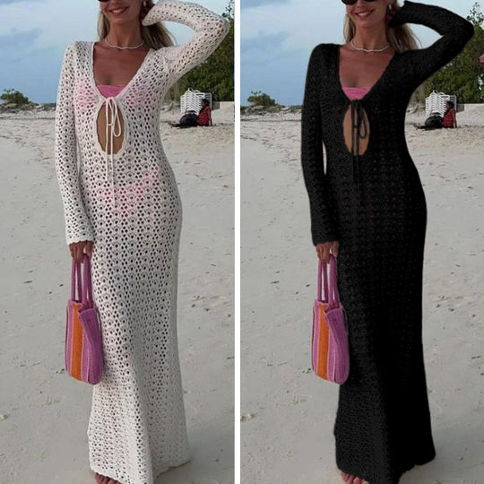 Damen Elegantes gehäkeltes Strandkleid mit tiefem V-Ausschnitt und luftiger Struktur EB