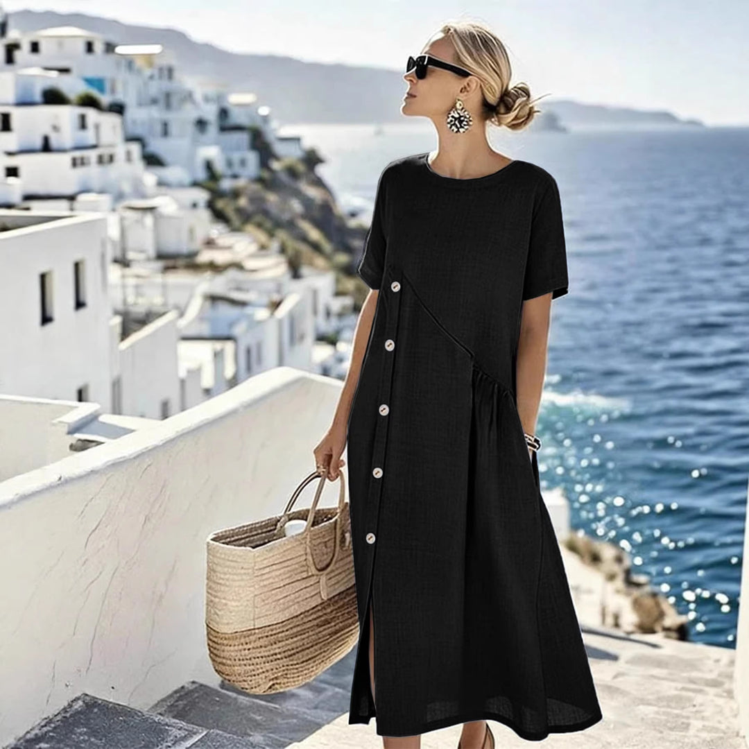 Damen Luftiges Sommerkleid mit seitlicher Knopfleiste, kurzen Ärmeln und Schlitz EB
