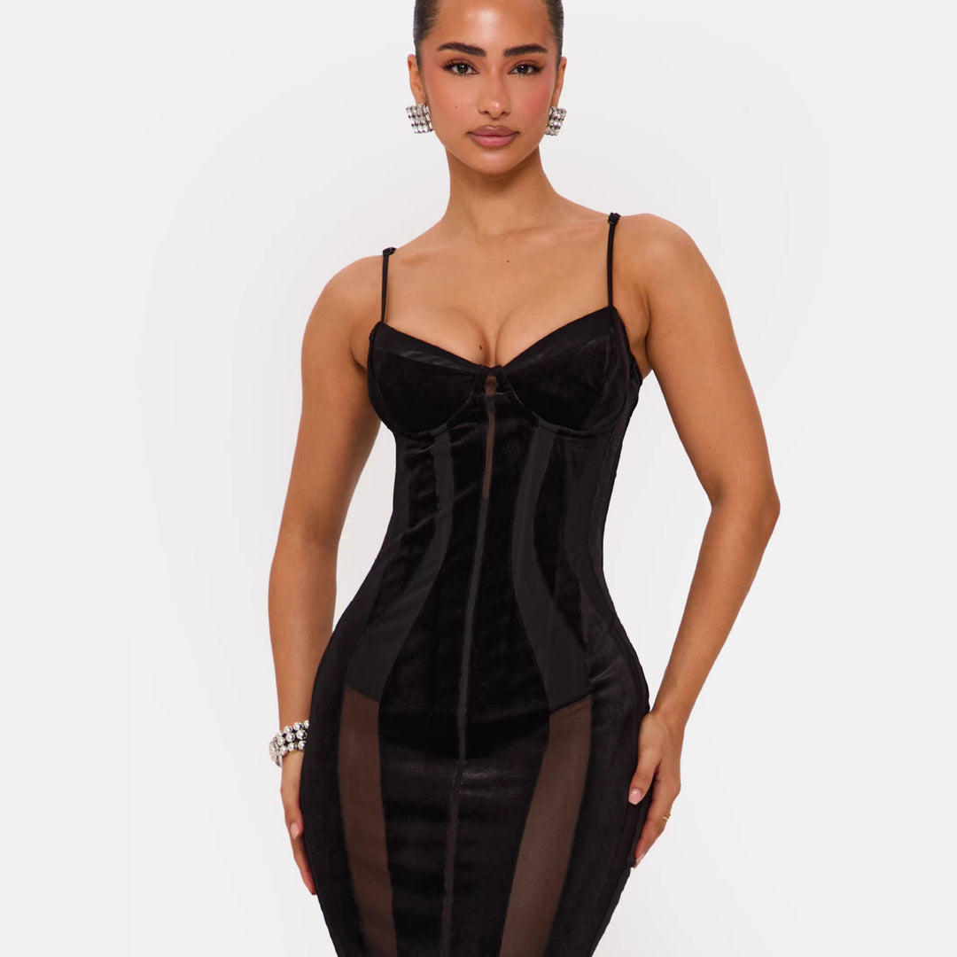Damen Bodycon Kleid mit raffiniertem Korsett-Oberteil und transparenten Einsätzen EB
