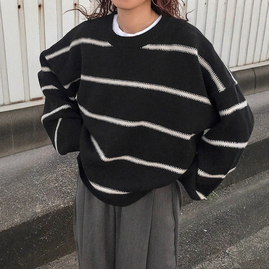 Damen Oversized Strickpullover mit trendigem Streifenmuster und lässiger Passform EB