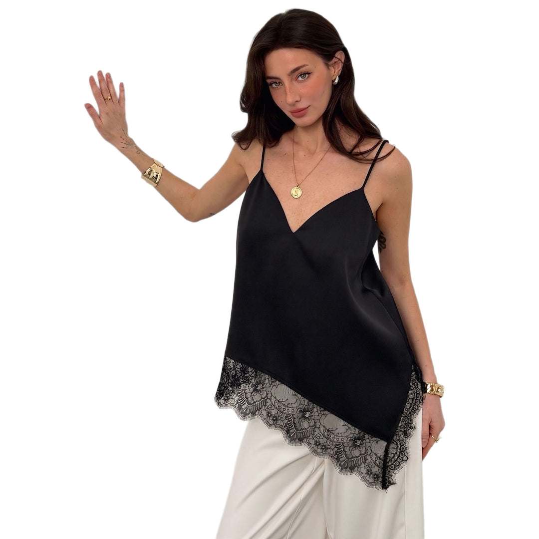 Damen Spitzen-Top mit elegantem V-Ausschnitt und zarter Raffung EB