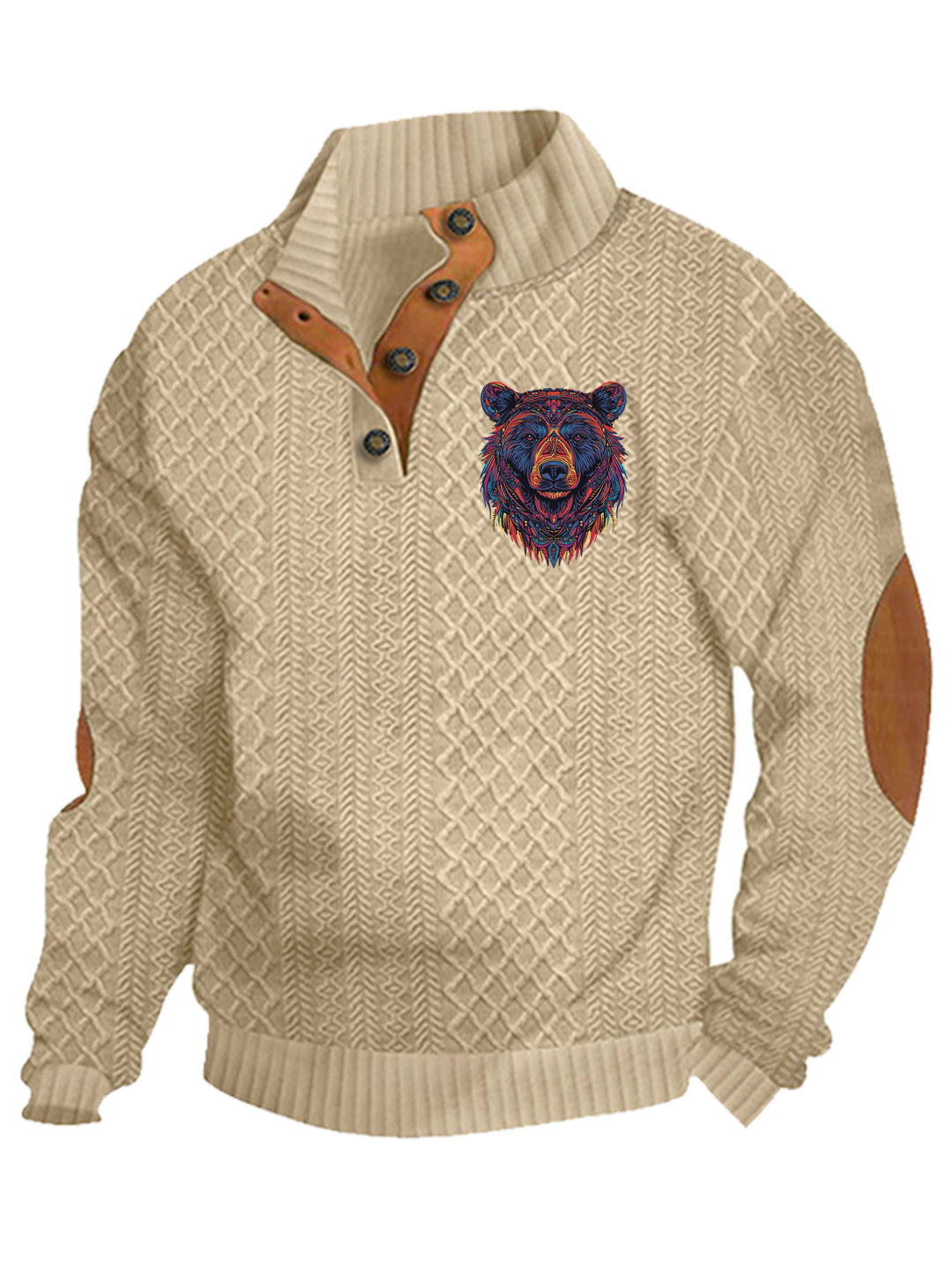 Herren nan Heritage-Strukturpullover mit Stehkragen Lederimitat-Besatz Ellenbogen-Patches und Halbknopfleiste EB