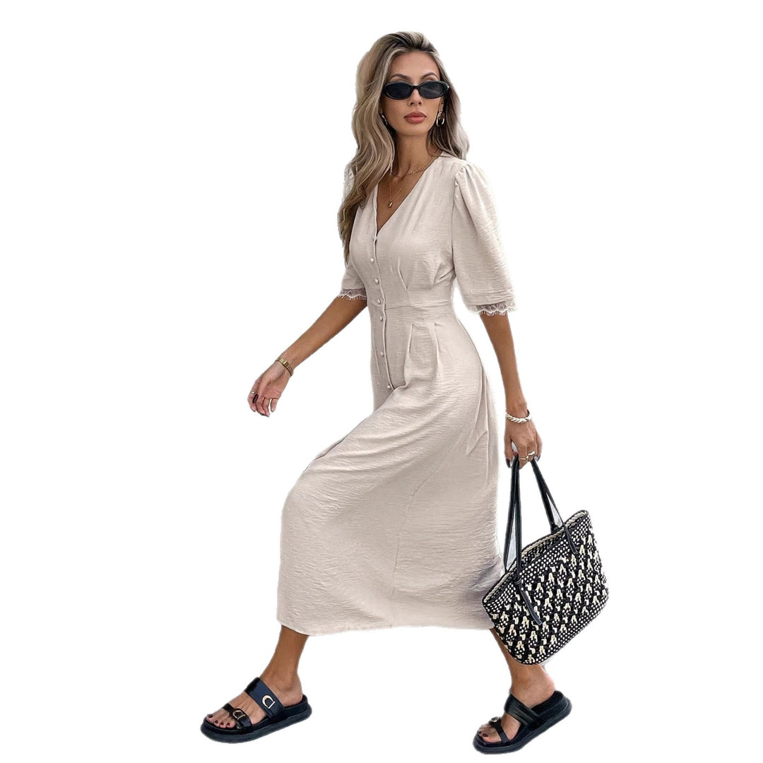 Damen Midi-Kleid mit Knopfdetails und femininen Puffärmeln EB