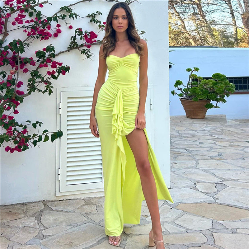 Damen Elegantes Maxikleid mit raffinierten Rüschendetails und Spaghettiträgern EB