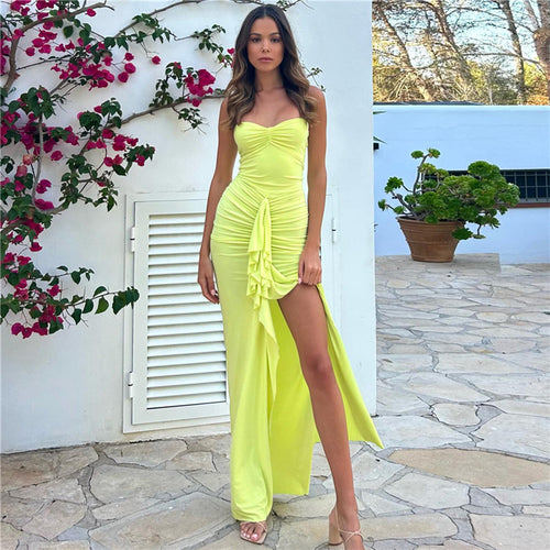 Damen Elegantes Maxikleid mit raffinierten Rüschendetails und Spaghettiträgern EB