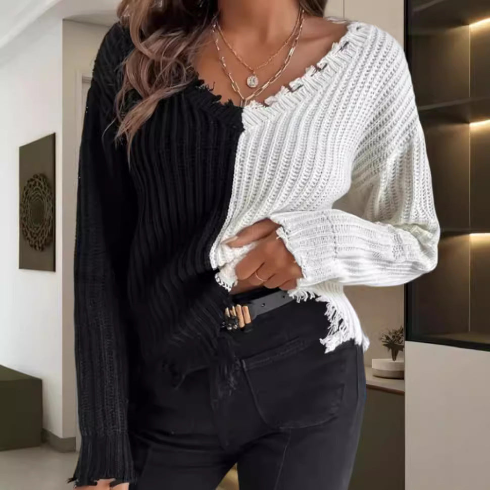 Damen Lässiger Strickpullover mit asymmetrischem Design und Fransen EB