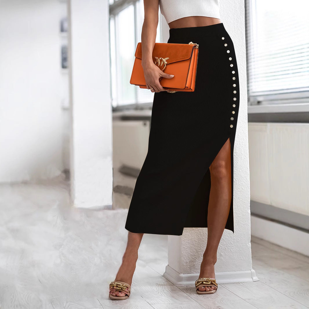 Damen Figurbetonter Strickrock mit Knopfdetail und Schlitz EB