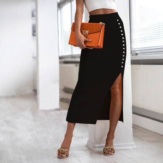 Damen Figurbetonter Strickrock mit Knopfdetail und Schlitz EB