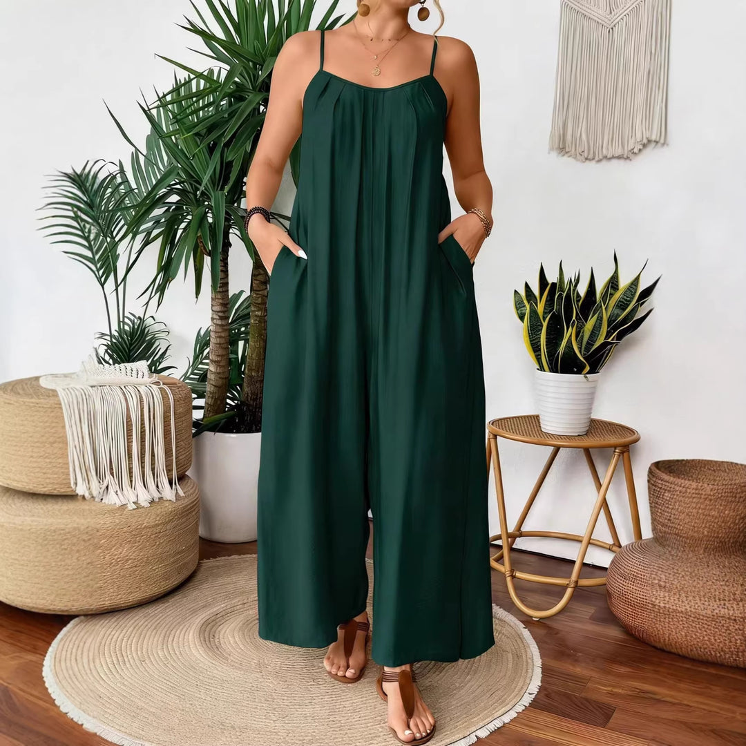 Damen luftiger Jumpsuit mit schmalen Spaghettiträgern und seitlichen Taschen EB