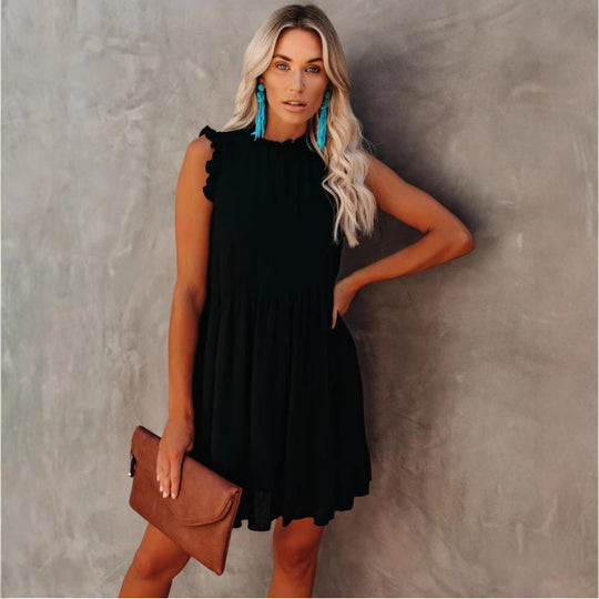 Damen lässiges Rüschendetails Kleid mit hohem Kragen EB