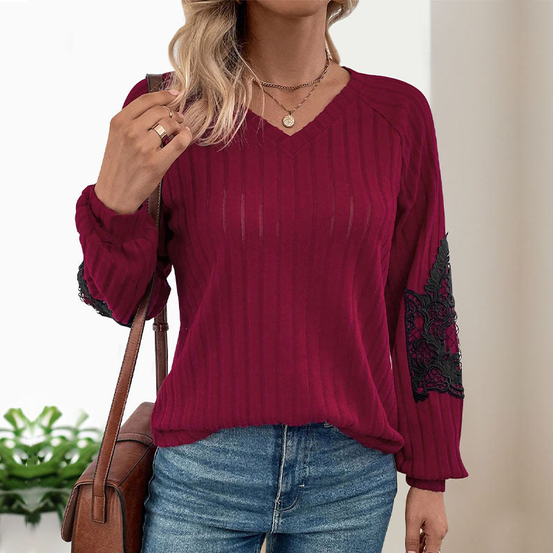 Damen Strickpullover mit Spitzenärmeln und V-Ausschnitt EB