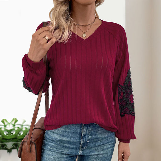 Damen Strickpullover mit Spitzenärmeln und V-Ausschnitt EB