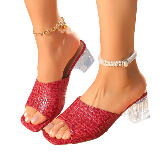 Damen Offene Mules mit transparentem Blockabsatz und trendigem Krokodil-Look EB