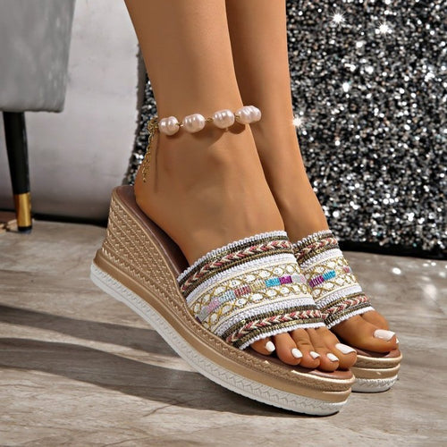 Damen Wedge-Pantoletten mit dekorativem Mustermix und komfortablem Fußbett EB