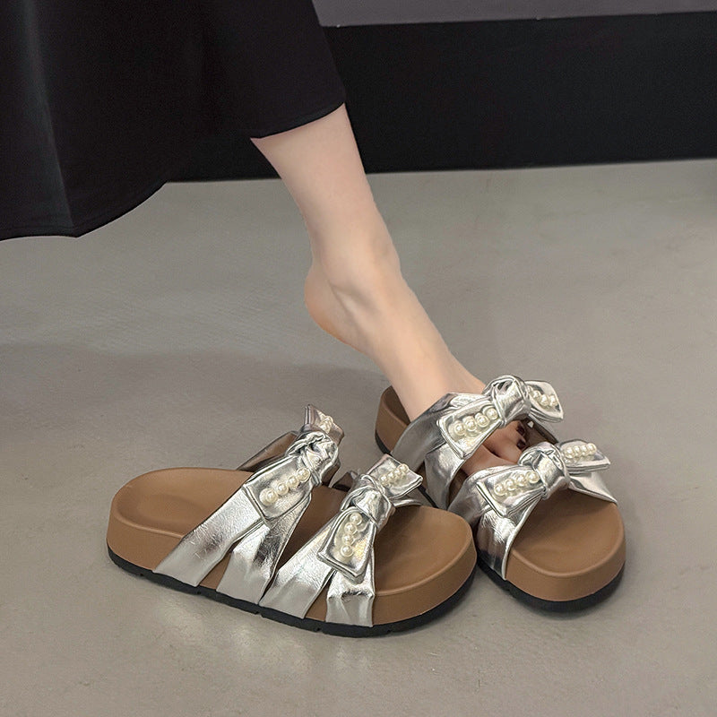 Damen modische Riemchen-Sandalen mit eleganten Schleifen und Perlen-Applikationen EB