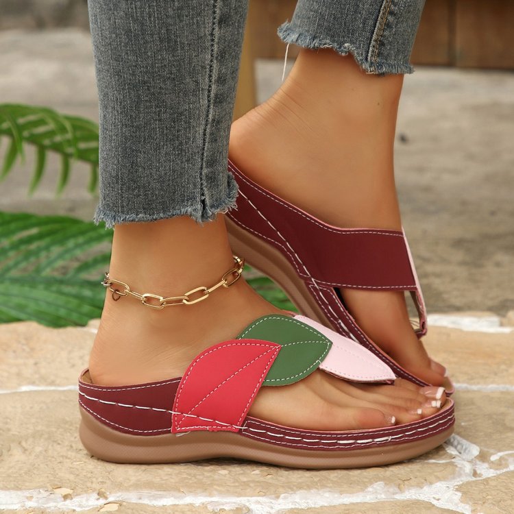 Damen Zehentrenner-Sandalen mit modischem Blatt-Design und anatomischem Fußbett EB