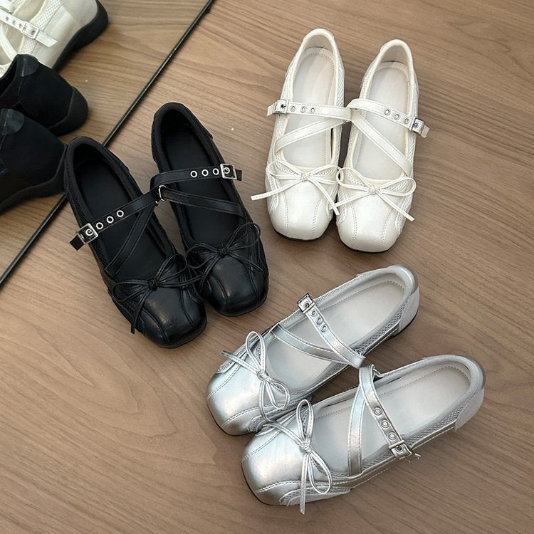 Damen elegante Ballerinas mit modischem Riemchen und atmungsaktiver Oberflächenstruktur EB