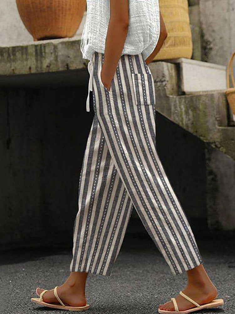 Damen Weite Leinenhose mit Streifenmuster EB
