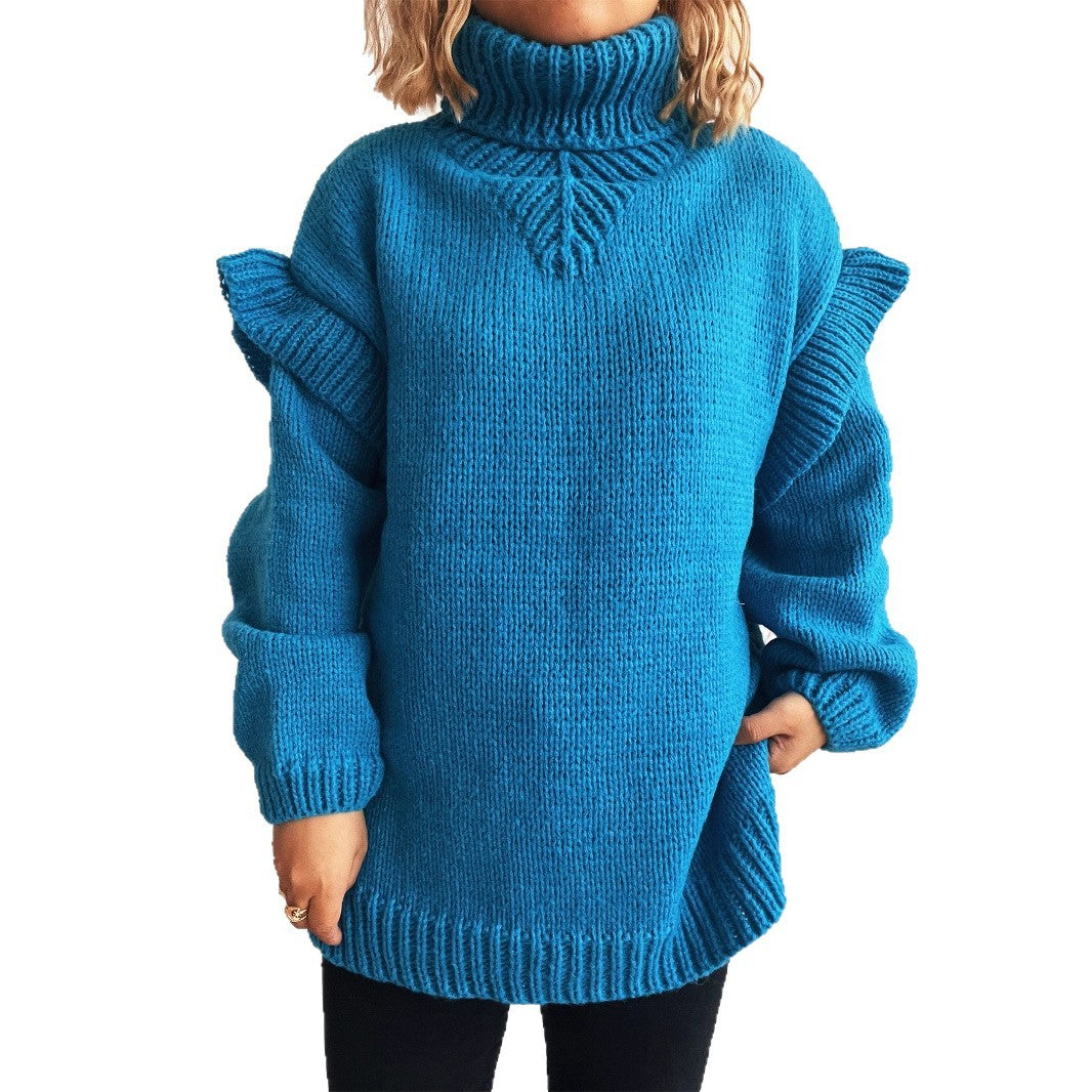 Damen kuscheliger Strickpullover mit Rüschenärmeln und hohem Kragen EB