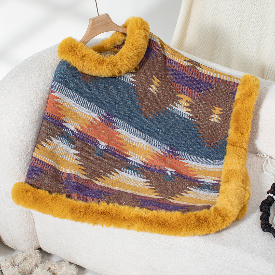 Damen Kuschelpullover mit hochwertigem Kunstfellbesatz und geometrischem Muster EB