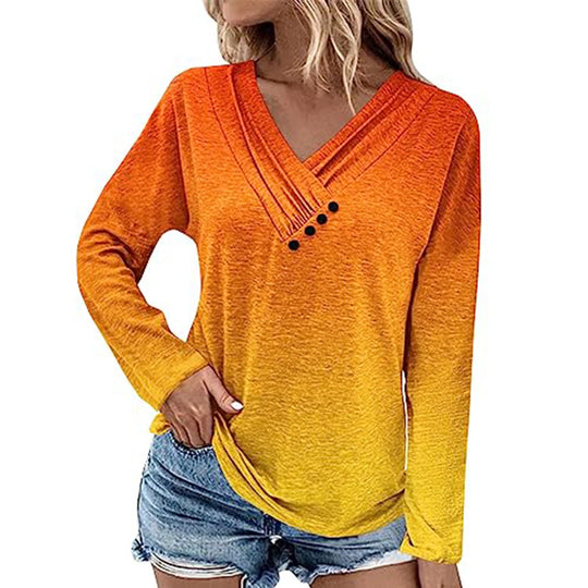 Damen Gerippter V-Ausschnitt Pullover mit Farbverlauf, Zierknöpfen und legerer Passform EB