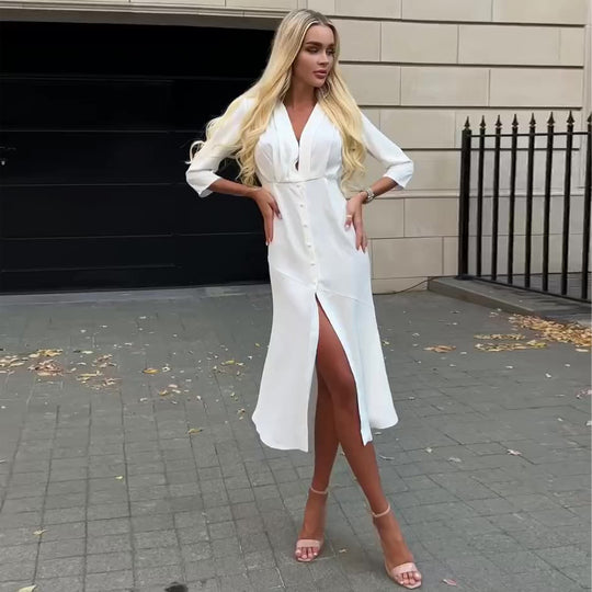 Damen Hemdblusenkleid mit elegantem V-Ausschnitt und Knopfleiste EB