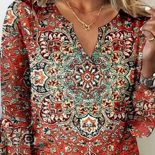 Damen Boho-Tunika-Bluse mit Mandala-Print, V-Ausschnitt und dreiviertel Ärmeln EB