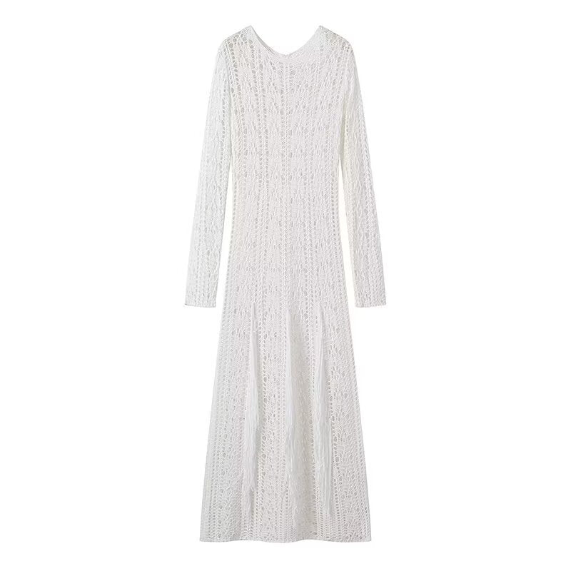 Damen Strick-Maxikleid mit eleganter Lochmusterung und längerem Schnitt EB