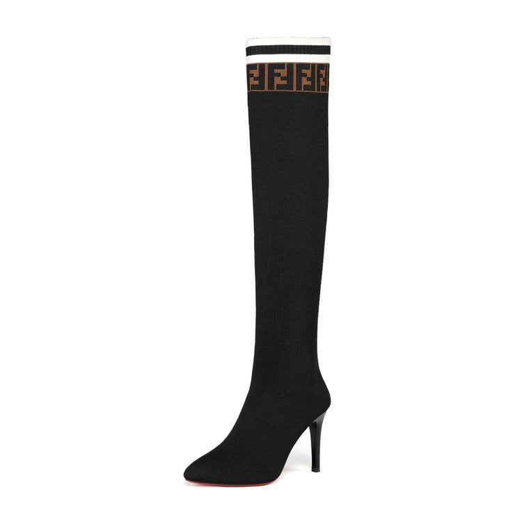Damen Elegante kniehohe Stiefel mit verspielt-modischem Strickdesign EB