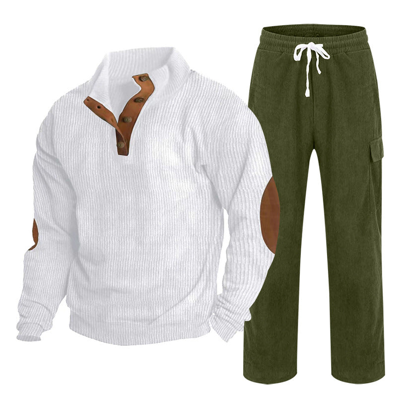Herren nan strukturiertes Cord-Henley-Loungewear-Set mit Ellenbogenpatches und Cargo-Jogpant EB