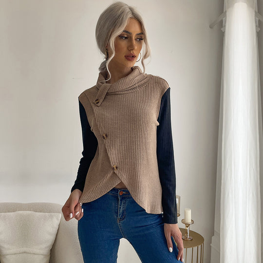 Damen Strickoberteil mit asymmetrischem Reverskragen und dekorativen Knöpfen EB