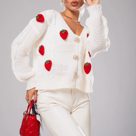 Damen Kurzgeschnittene Strickjacke mit V‑Ausschnitt und gehäkelten Erdbeerapplikationen EB