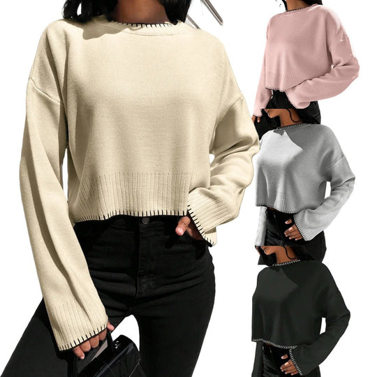 Damen lässiger Strickpullover mit geripptem Saum und überschnittenen Schultern EB