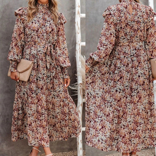 Damen Maxikleid mit Rüschen und eleganten floralem Muster EB