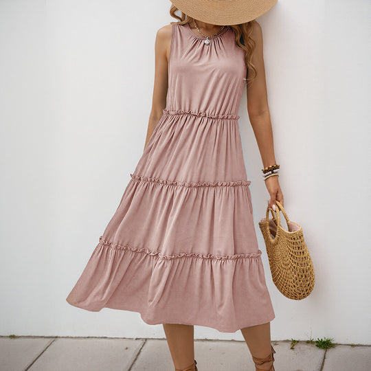 Damen Maxi-Kleid mit Rüschendetails und elastischem Taillenbund EB