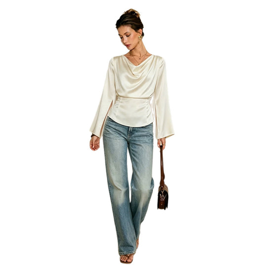 Damen elegante Satinbluse mit Wasserfallausschnitt, taillierter Silhouette und langen Ärmelschlitzen Eichborn Berlin
