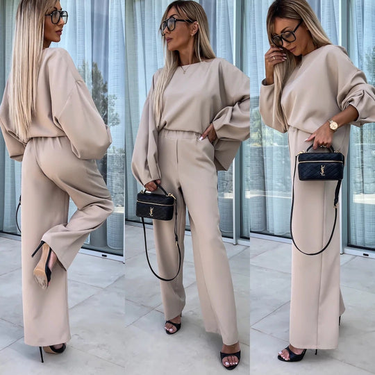 Damen elegantes Zweiteiliges Set mit oversize Bluse und weitem Hosen EB