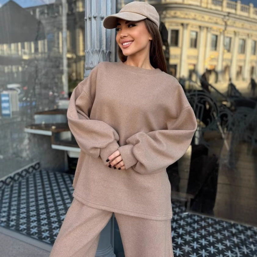 Damen Weiches Oversized-Strick-Loungewear-Set mit legerem Rundhals-Pullover und weiter Komforthose EB