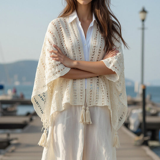 Damen luftiger Strickponcho mit Fransen EB