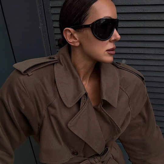 Damen eleganter Trenchcoat mit Taillengürtel und hochgeschlossenem Kragen EB