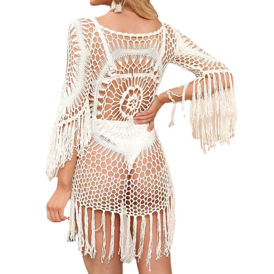 Damen gehäkelter Strand-Kaftan mit fransigen Akzenten EB