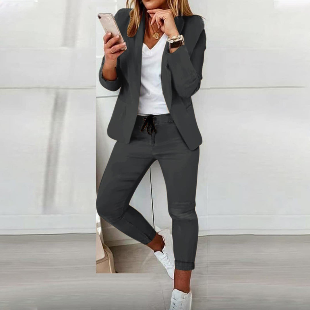 Damen nan Smart-Casual Blazer-Set mit offenem Longblazer und tapered Jogpant mit Kordelzug EB