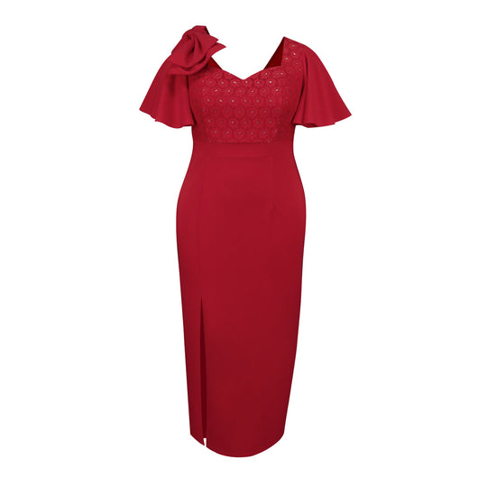Damen Elegantes Abendkleid mit floralem Spitzenoberteil und voluminösen Rüschensäumen EB