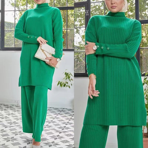 Damen lässiger Strickanzug mit Stehkragen und Knopfdetails EB