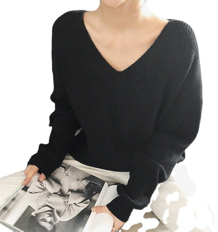 Damen Grob gestrickter V-Ausschnitt Pullover mit lässiger Passform und Volumenärmel EB