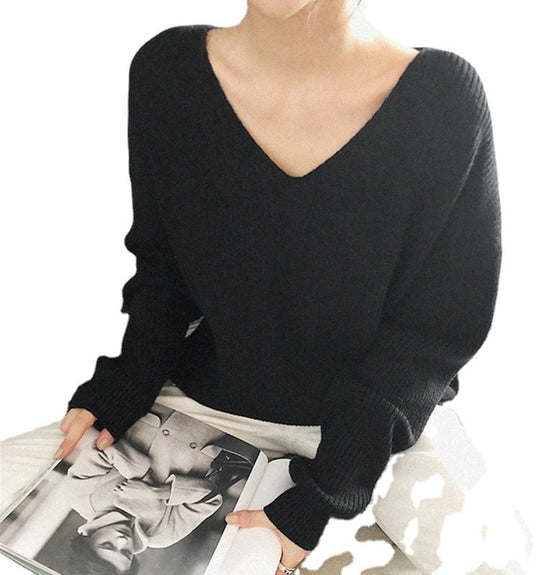Damen Grob gestrickter V-Ausschnitt Pullover mit lässiger Passform und Volumenärmel EB