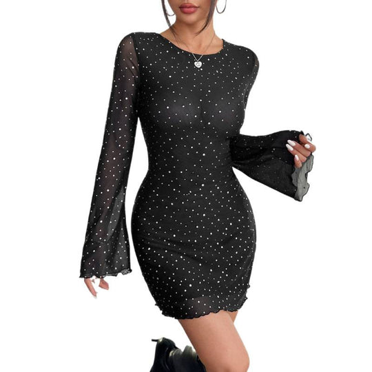 Damen schulterfreies Minikleid mit langärmligen Volantärmeln und tiefem Rückenausschnitt EB
