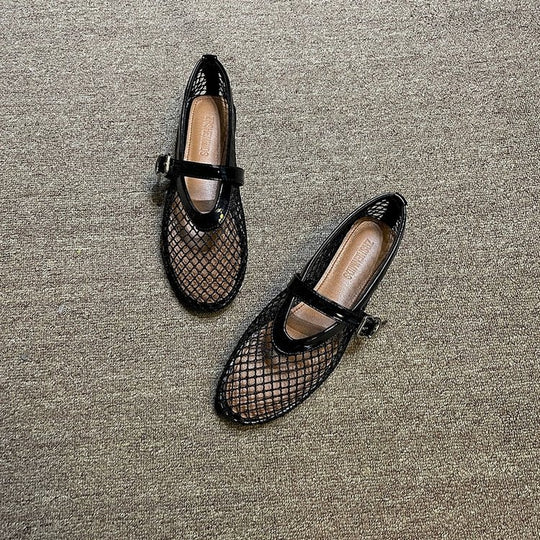Damen Ballerina-Schuhe mit Netzdesign und verstellbarem Riemen EB