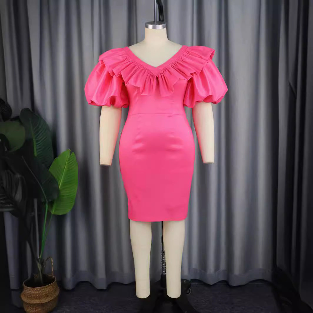 Damen figurbetontes Kleid mit voluminösen Rüschenärmeln EB 1778622988