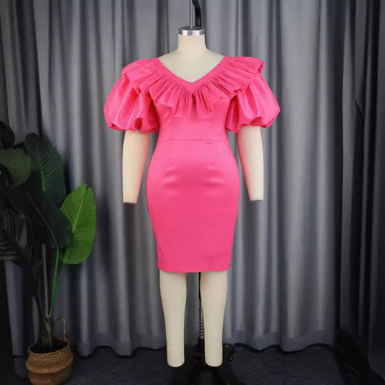 Damen figurbetontes Kleid mit voluminösen Rüschenärmeln EB 1778622988